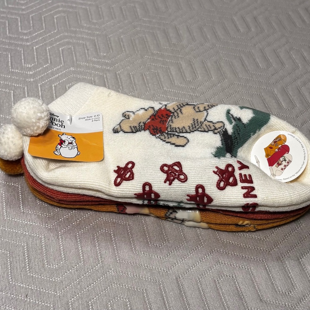 Winnie The Pooh No Show Socks 3 Pairs with Pompoms Shoe Size 4-10